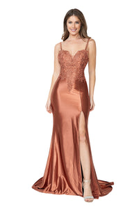 Satin Mermaid Evening Gown with Embroidered Bodice & Sheer Jacket By Lenovia 8175