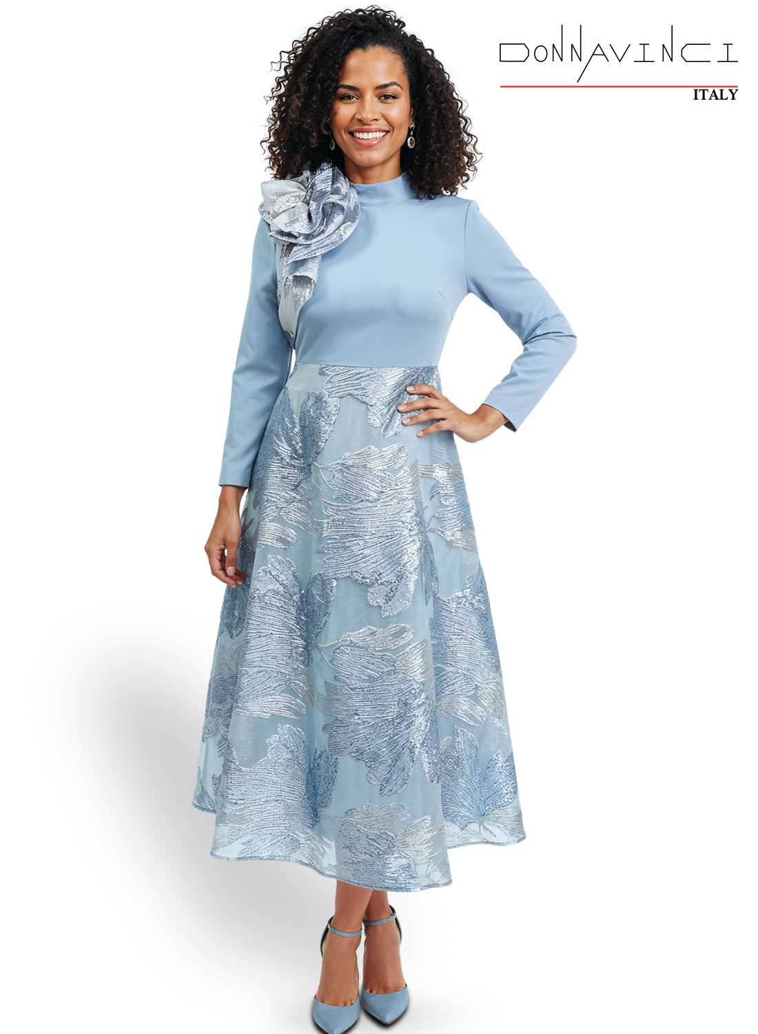 Mock Neck Long Sleeve Crepe Bodice Metallic Brocade Oversized Skirt by Tesoro Moda 12177