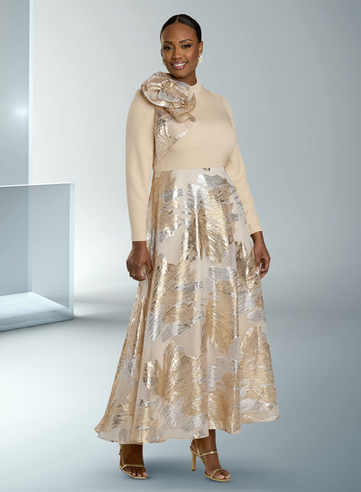 Mock Neck Long Sleeve Crepe Bodice Metallic Brocade Oversized Skirt by Tesoro Moda 12177