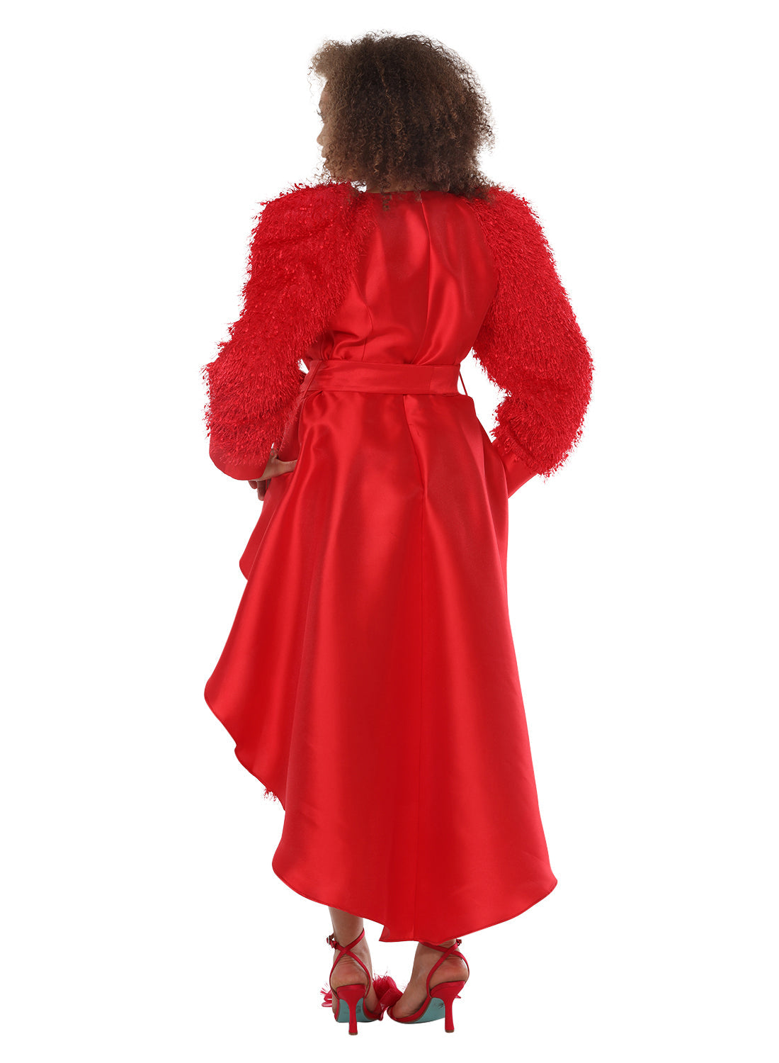Jewel Neck Voluminous Long Sleeve Novelty Fringe Fabric High-Low Church Dress by Tesoro Moda 12194