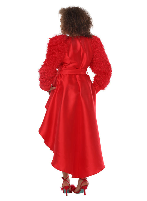 Jewel Neck Voluminous Long Sleeve Novelty Fringe Fabric High-Low Church Dress by Tesoro Moda 12194