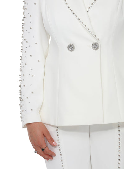 Long Sleeve Rhinestone-Embellished Peplum Jacket & Front-Slit Flare Pants by Tesoro Moda 12196