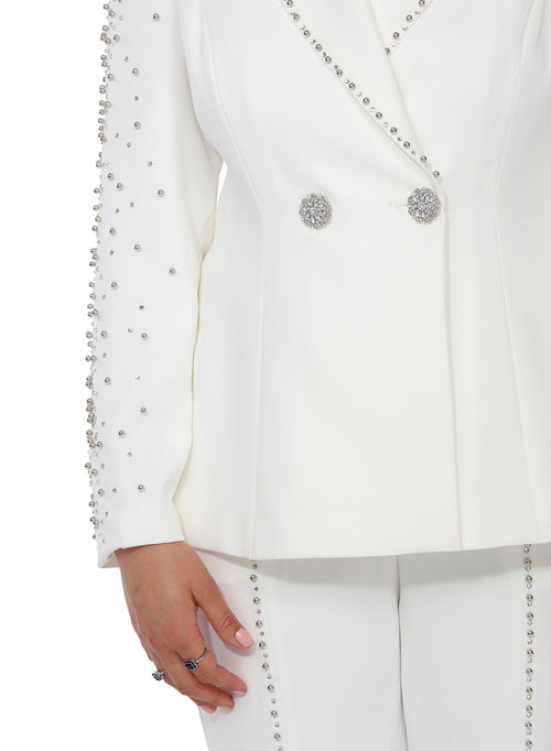Long Sleeve Rhinestone-Embellished Peplum Jacket & Front-Slit Flare Pants by Tesoro Moda 12196