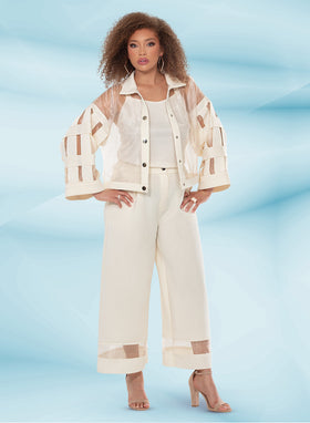 Sheer Organza Jacket Cami & Wide-Leg Pants 3 Piece Pantsuit Set by Tesoro Moda 2198