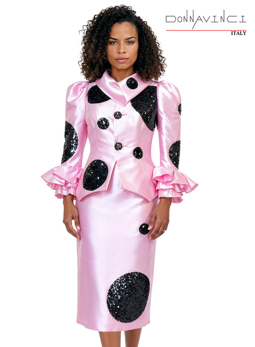 Puff Shoulder Sequin Polka Dot Ruffle Cuff Peplum Jacket & Skirt Church Suit by Tesoro Moda 12205