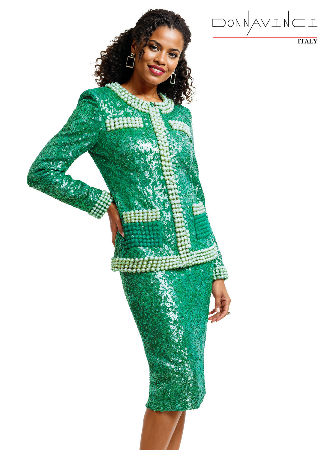 Round Neck Long Sleeve Sequin Pearl Trim 2-Piece Jacket & Skirt Church Suit Set by Tesoro Moda 12234