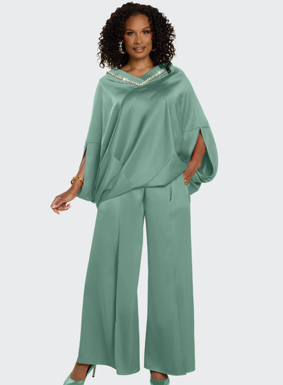 Rhinestone V-Neck Trim Cape Poncho Top Crossover Wide-Leg Pant by Tesoro Moda 12244