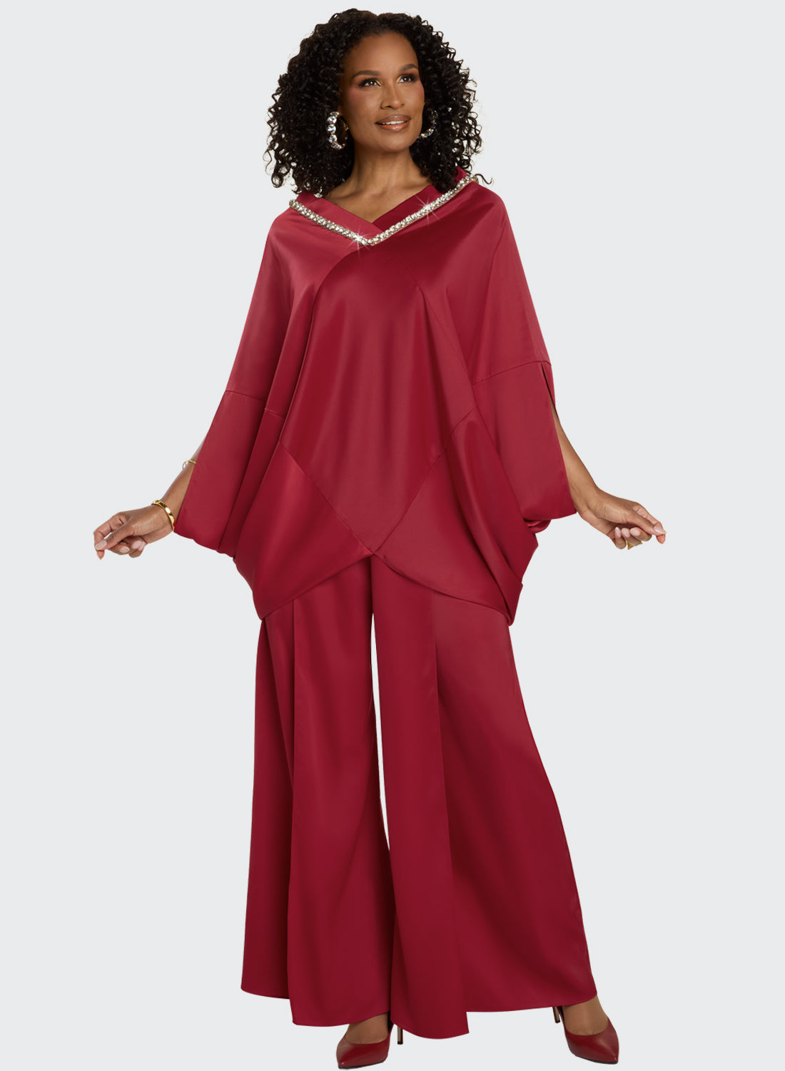 Rhinestone V-Neck Trim Cape Poncho Top Crossover Wide-Leg Pant by Tesoro Moda 12244