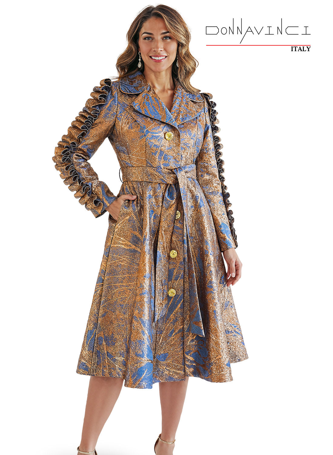 Ruffle-Trimmed Sleeve Metallic Brocade Print Button Belted Church Dress by Tesoro Moda 12246