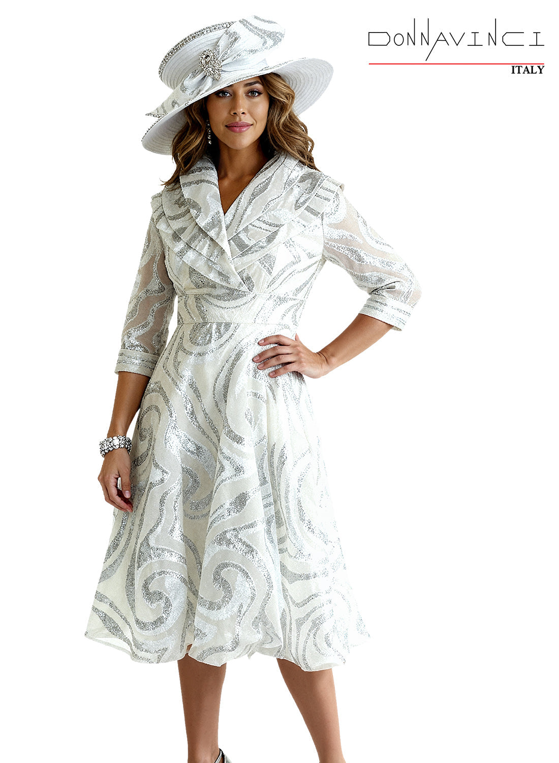 Church Suit Dress & Hat Set Swirl Pattern Designer Church Dress by Tesoro Moda 12249 WHITE/SILVER / 12