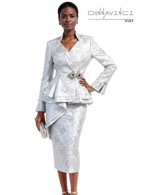 Long Sleeve V-Neck Metallic Novelty Fabric Jacket & Pencil Skirt Church Suit by Tesoro Moda 12250