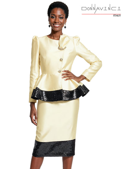 Puff Shoulder Rhinestone Button Sequin 2-Piece Jacket & Skirt Church Suit by Tesoro Moda 12252