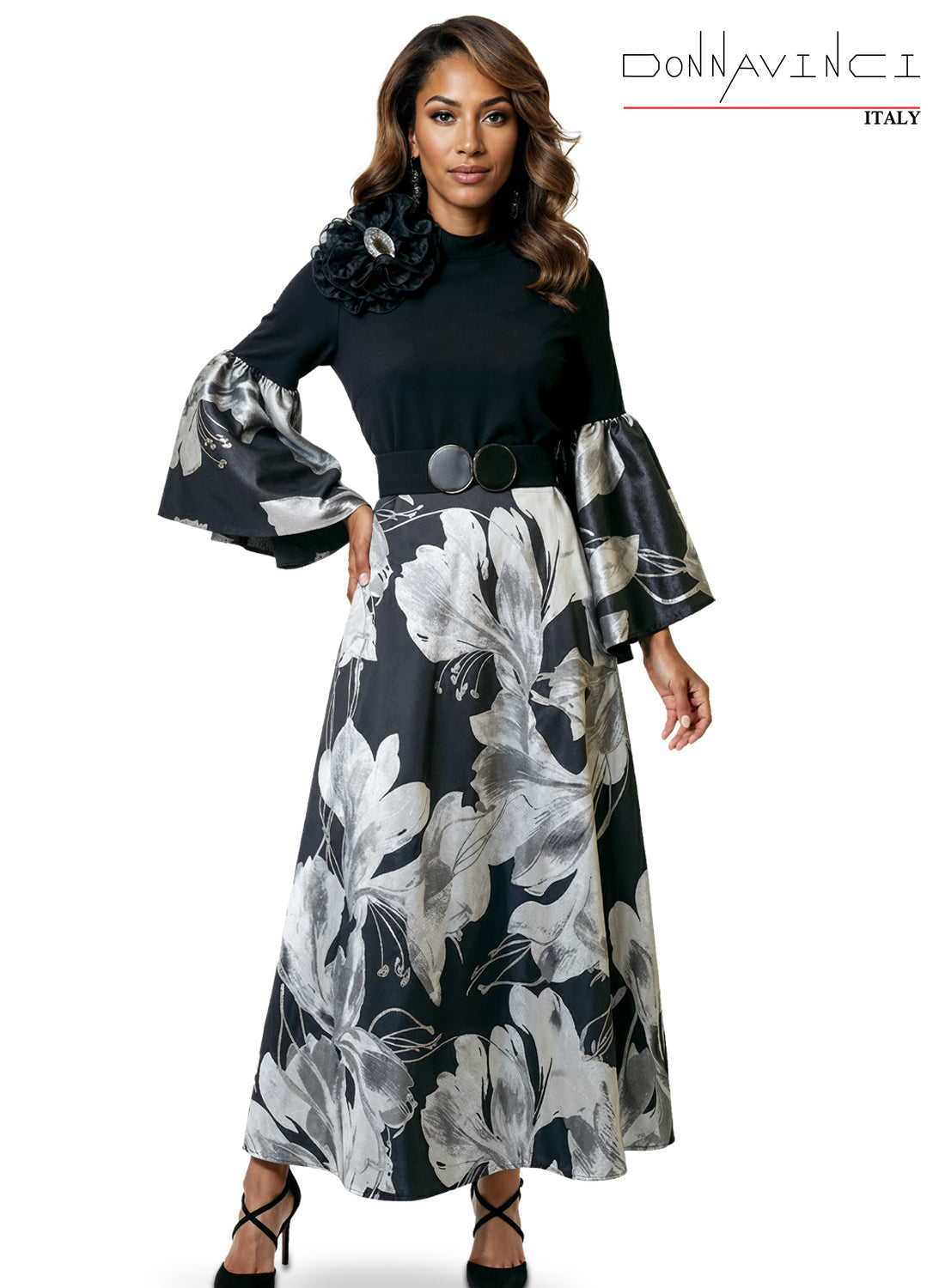 Floral Print Dress Elegant Long Sleeve Midi Dress with Flower Detail by Tesoro Moda 12257