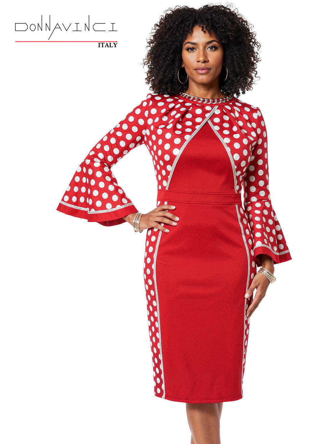 Jewel-Neck Polka Dot Bell Sleeve Rhinestone Trim Sheath Dress by Tesoro Moda 12261