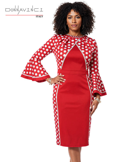 Jewel-Neck Polka Dot Bell Sleeve Rhinestone Trim Sheath Dress by Tesoro Moda 12261