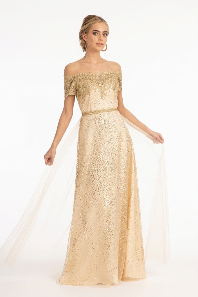 Embroidered Off Shoulder Glitter Gown by Elizabeth KGL2942