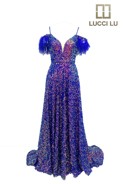 Sequin Off Shoulder A-line Slit Gown by Lucci Lu 1305