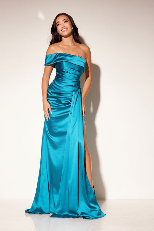 Satin Fitted Off Shoulder Slit Gown by Lucci Lu 1316