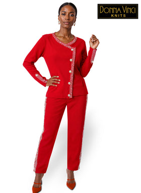 Red Rhinestone Trim Knit Jacket and Pant Suit By Donna Vinci Knits 13468
