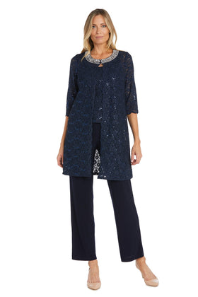 Navy Embellished Dressy 3 Piece Pants Set with 3/4 Sleeve, Sequin Detail, and Beaded Detail by R&M Richards 1351