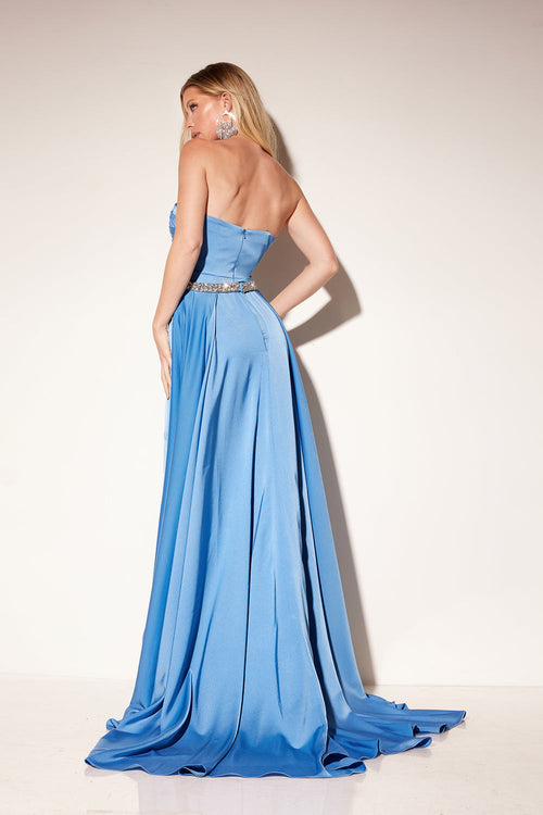 Satin Fitted Strapless Slit Gown by Lucci Lu 1354
