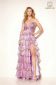 Metallic V-Neck Tiered A-line Slit Gown by Lucci Lu 1362