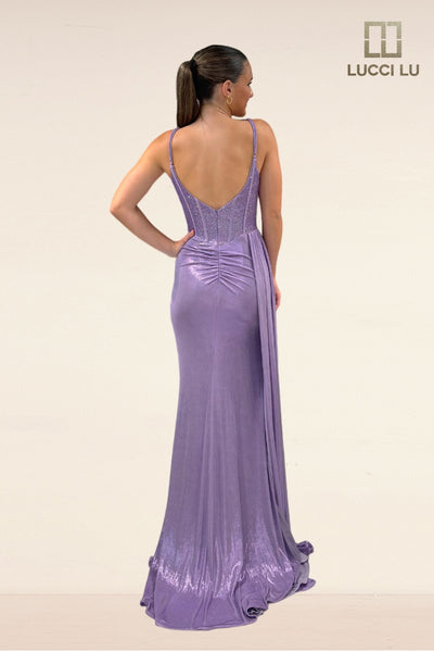 Beaded Metallic Corset Slit Gown by Lucci Lu 1384