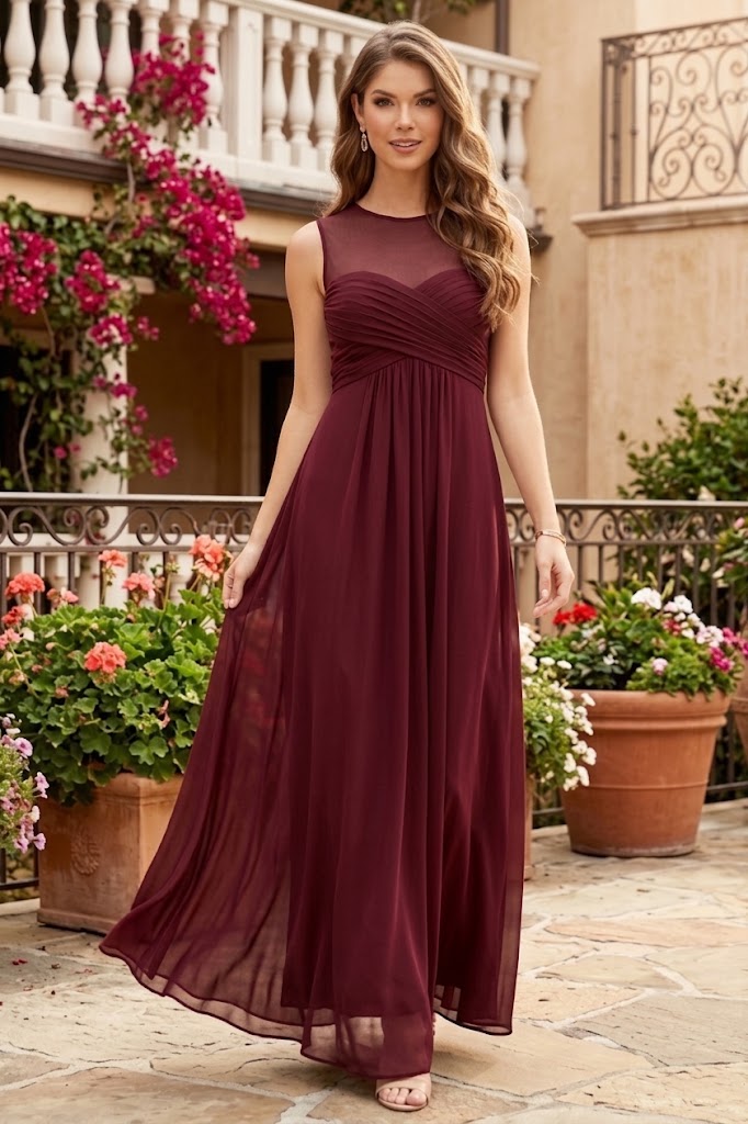 Vestido largo de gasa elástica sin mangas para dama de honor Eva USA 3153
