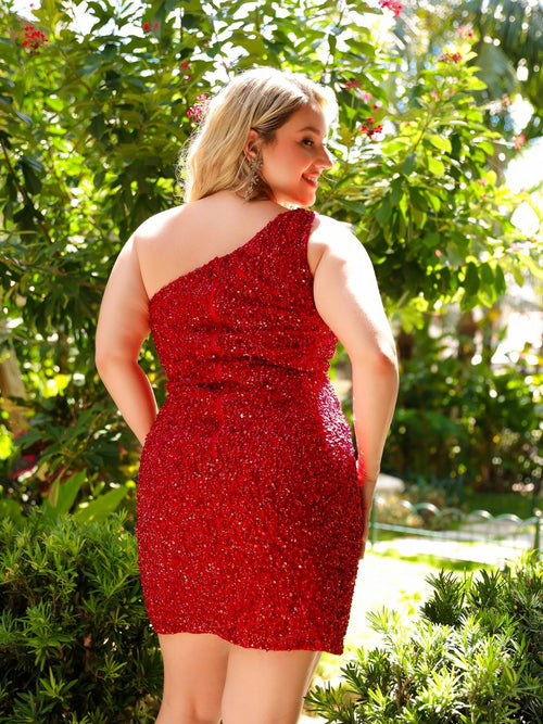 Primavera Couture 14022 Short One Shoulder Sequin Plus Size Homecoming Dress with Slit