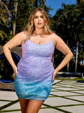 Primavera Couture 14025 Spaghetti Strap Short Sparkling Plus Size Prom Dress