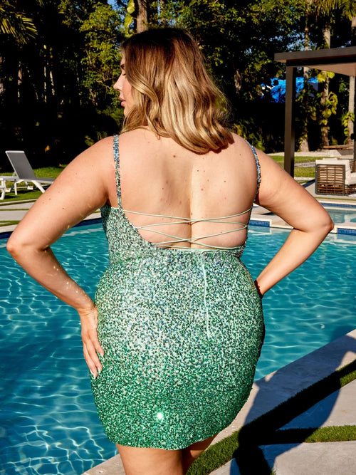 Primavera Couture 14025 Spaghetti Strap Short Sparkling Plus Size Prom Dress