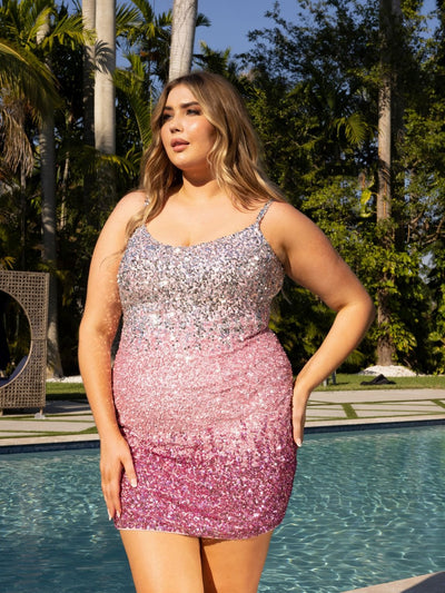 Primavera Couture 14025 Spaghetti Strap Short Sparkling Plus Size Prom Dress