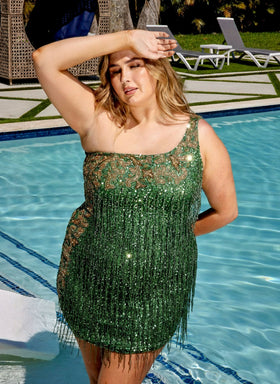 Primavera Couture 14026 Plus Size Short One Shoulder Sequin Fringe Prom Dress