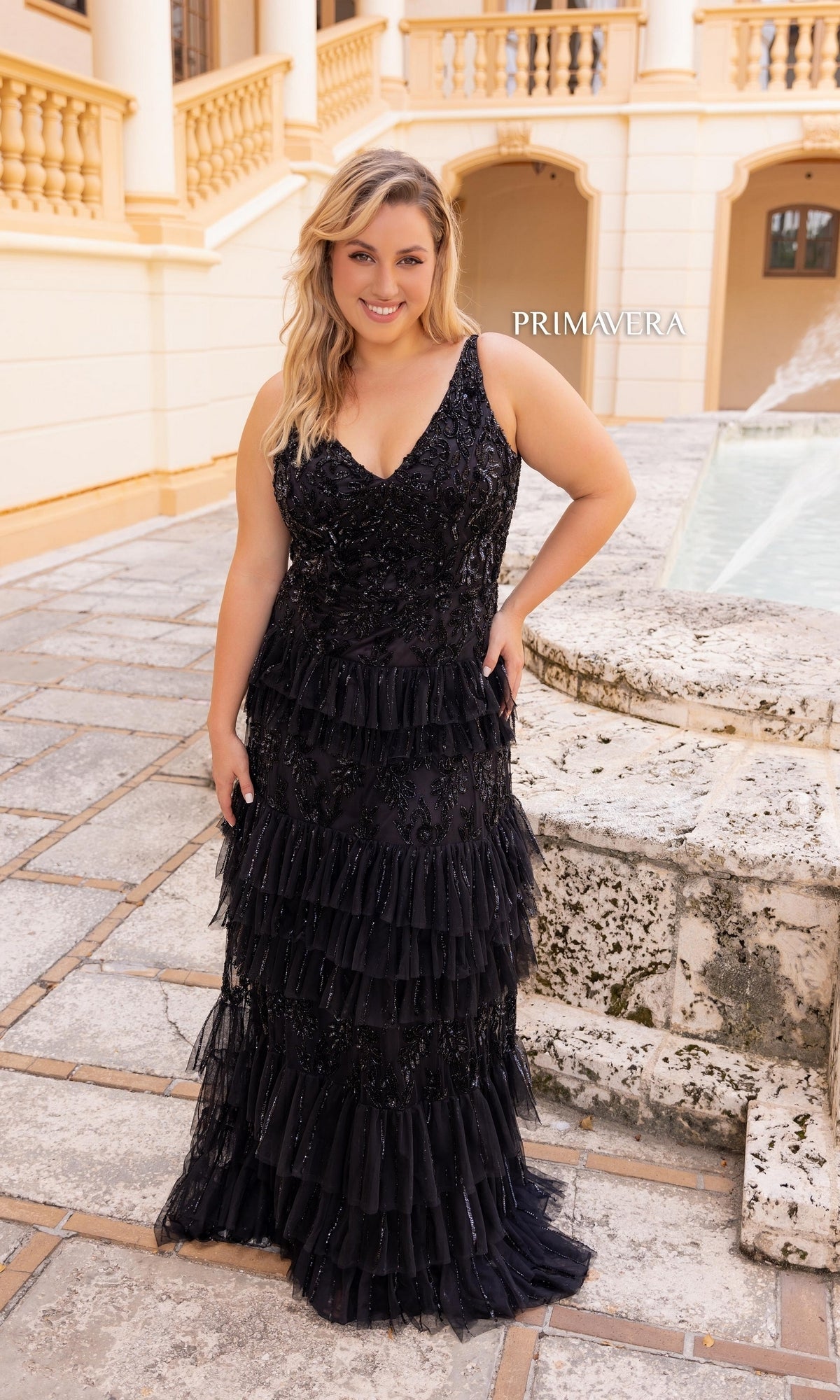 Primavera Couture 14052 Tiered Plus-Size Long Prom Dress