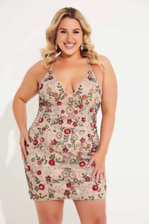 Primavera Couture 14060 Plus Size Short Fitted Floral Cocktail Dress