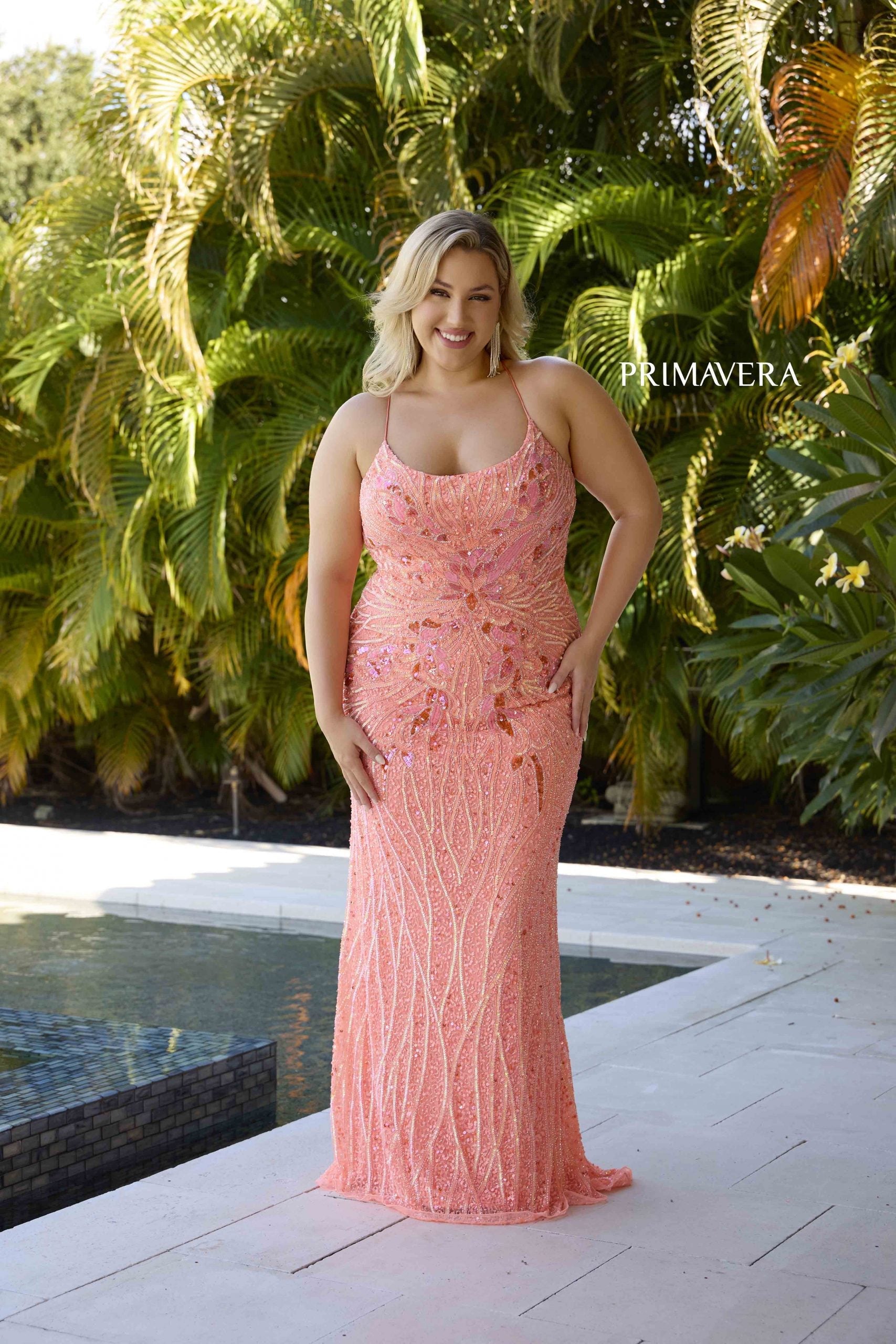Plus Size Dresses Long Plus Size Formal Sequin Prom Gown Coral