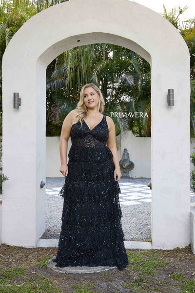 Plus Size Dresses Long Plus Size A Line Formal Tiered Prom Gown Black