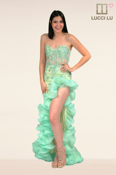 Strapless Beaded Tulle Ruffle Slit Prom Gown by Lucci Lu 1430