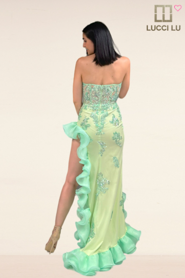 Strapless Beaded Tulle Ruffle Slit Prom Gown by Lucci Lu 1430