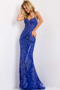 Beaded Corset Prom Dress with Spaghetti Straps Sequin Formal Evening Gown by Jovani 45901