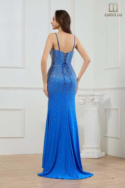 Crystal Rhinestone Corset Mermaid Prom Dress with High Slit & Lace-Up Back by Lucci Lu 1453