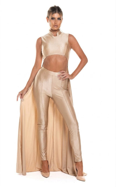 Sleeveless High Neck Cut-Out Jumpsuit with Chiffon Train Fitted Evening Outfit by Jessica Angel 863