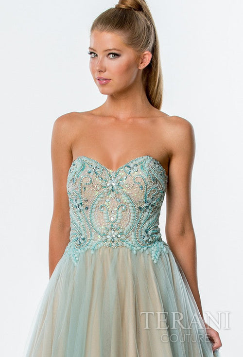 Terani Couture 151P0088B Prom Strapless BallDress Long Mint Nude Formal Polyester Dress