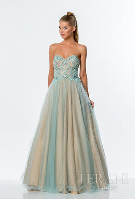 Terani Couture 151P0088B Prom Strapless BallDress Long Mint Nude Formal Polyester Dress