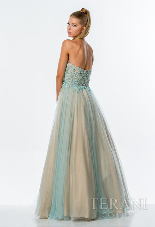 Terani Couture 151P0088B Prom Strapless BallDress Long Mint Nude Formal Polyester Dress