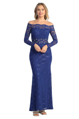 Cindy Collection 1563 Off Shoulder Lace Long Sleeve Mother of the Groom Dress