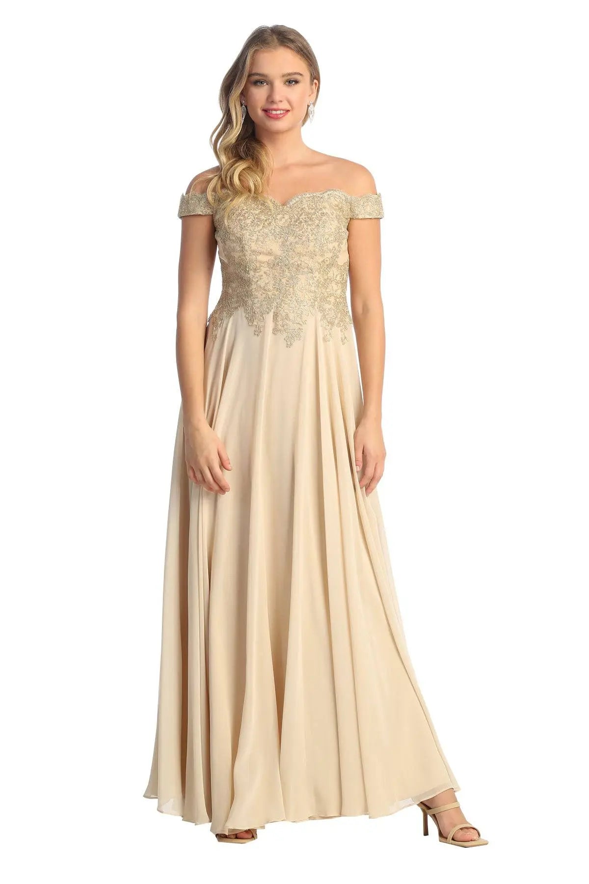 Cindy Collection 1599 Off Shoulder Lace Sequin Embroidered A-Line Dress