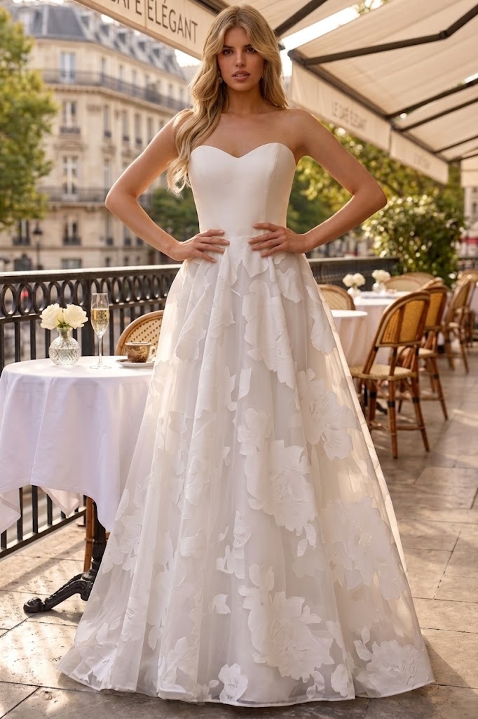 Strapless Floral Organza A-line Gown with Corset Bodice Sweetheart Formal Prom Dress by Jovani 47327
