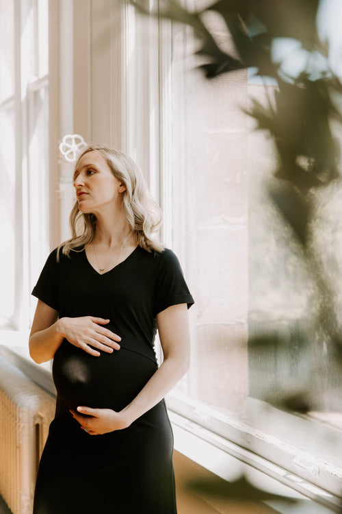 Black Tea Length Maternity Short Sleeve Everyday Breastfeeding Dress with Panel