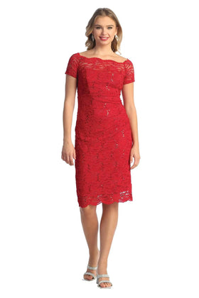 Cindy Collection 1605 Lace Knee-Length Mother of Bride Dress with Short Sleeves